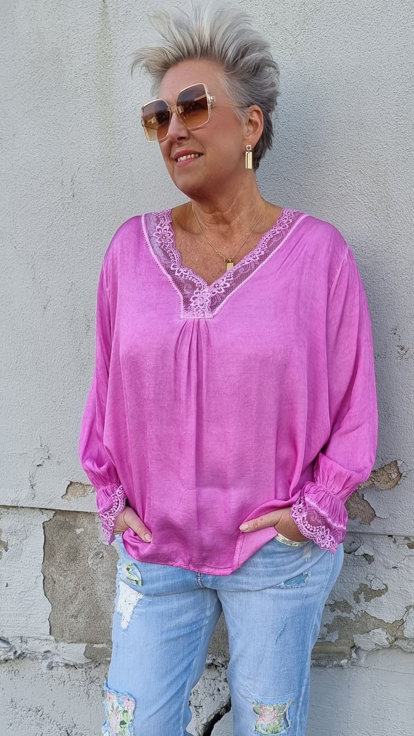 Fiona bluse med blonder rosa