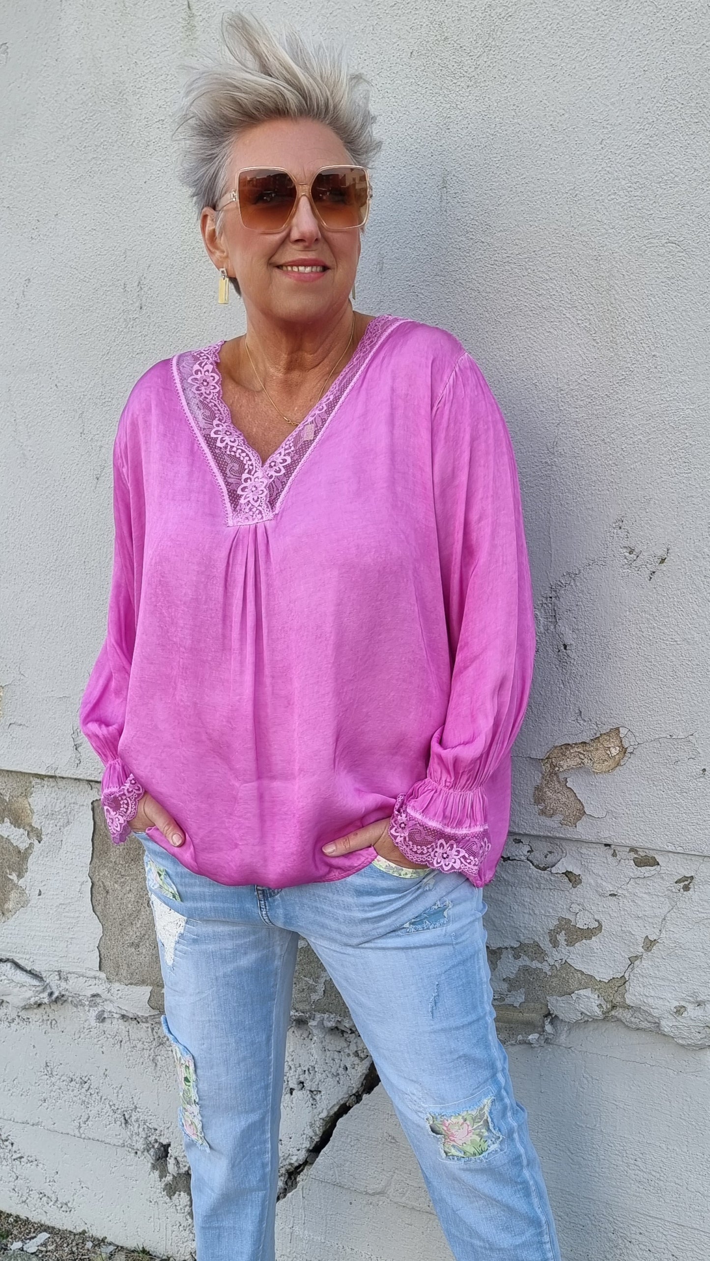 Fiona bluse med blonder rosa