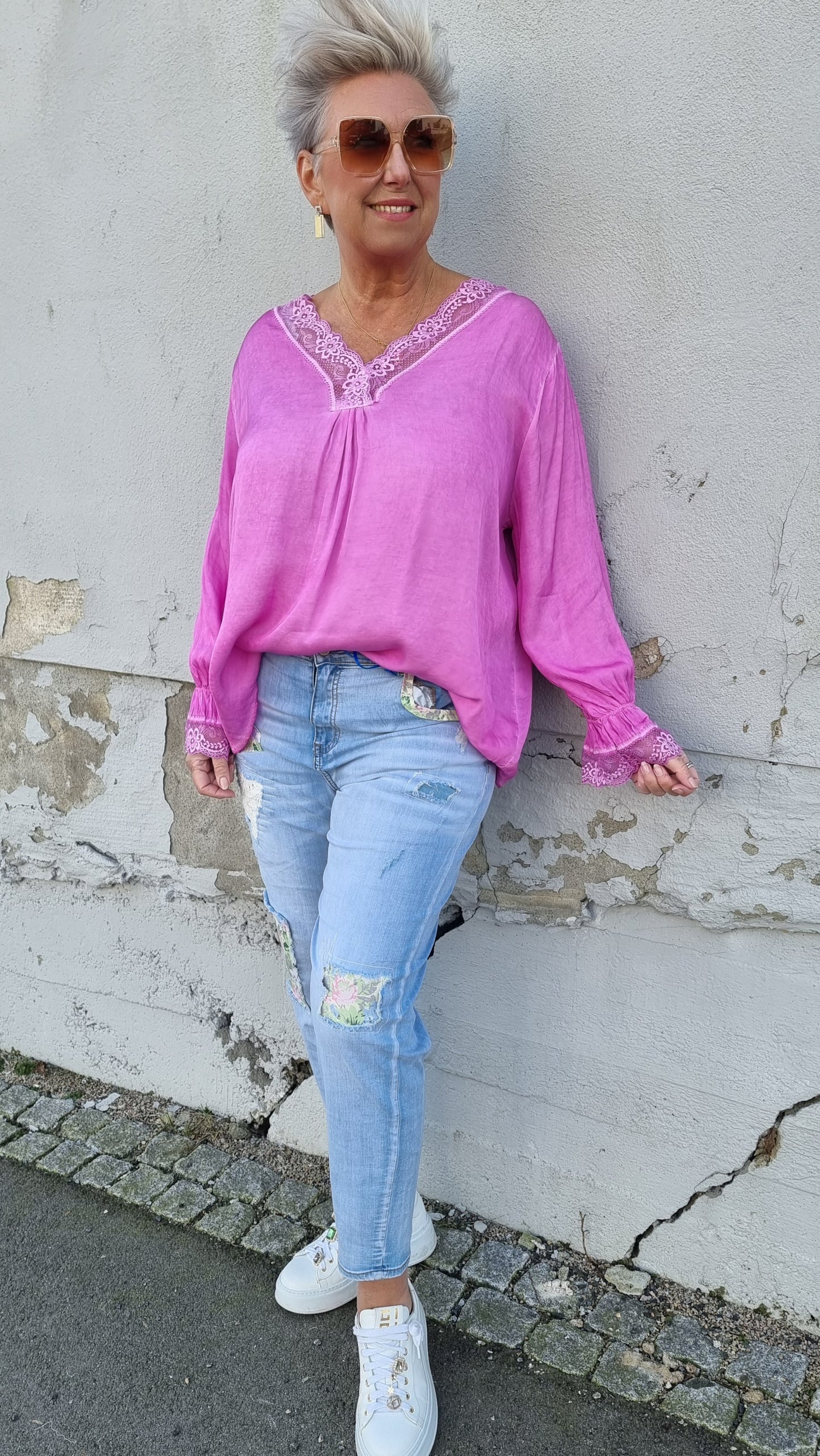 Fiona bluse med blonder rosa