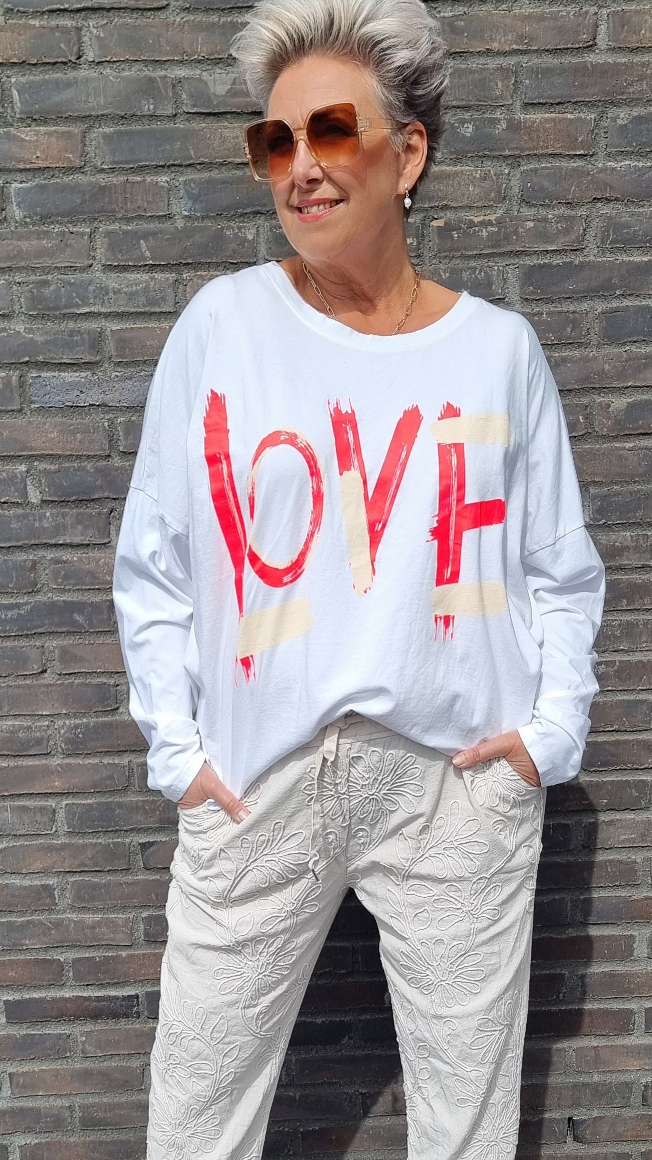 Maya bukse beige med brodeier