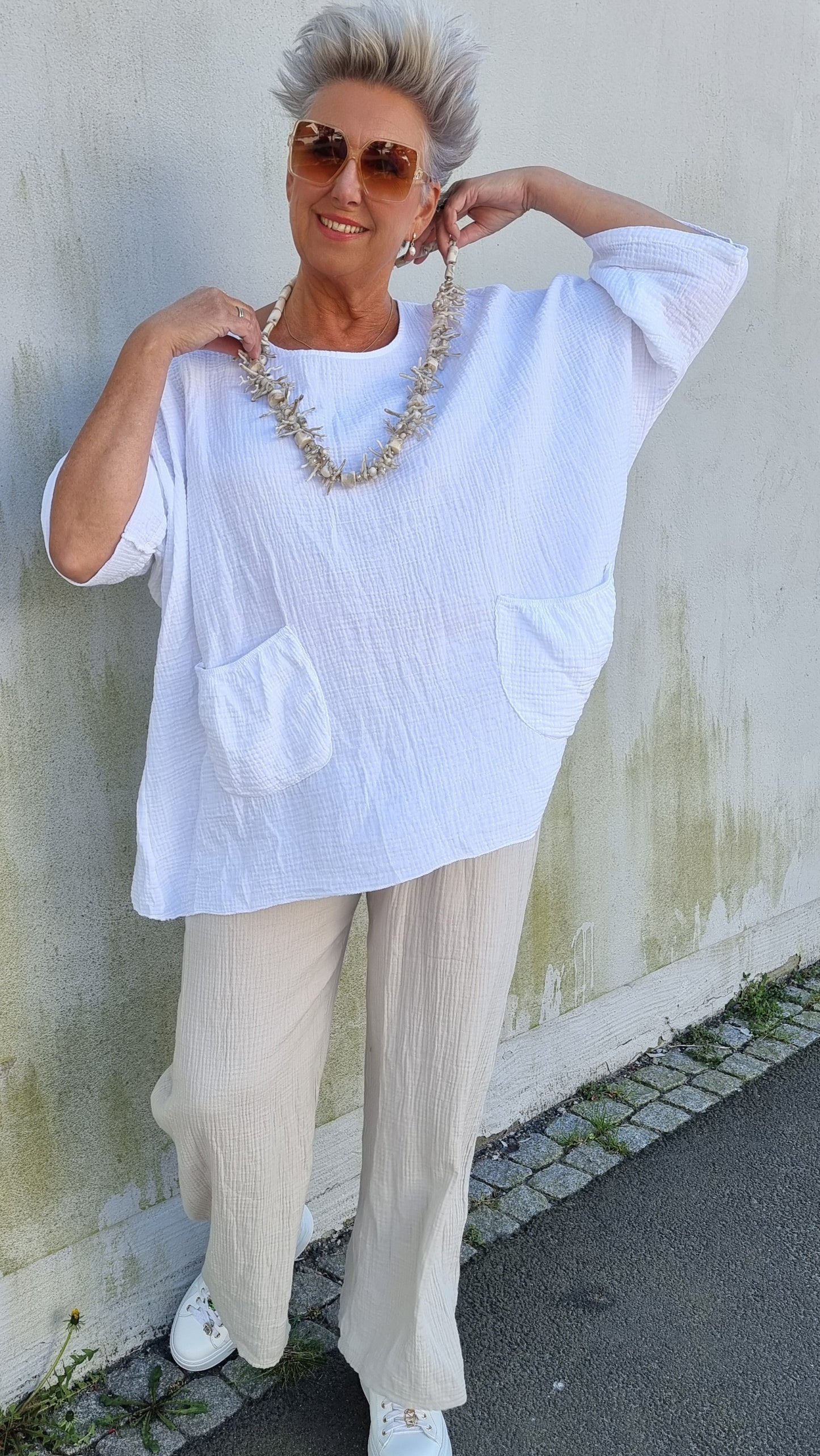Ina vaffled topp med lommer hvit