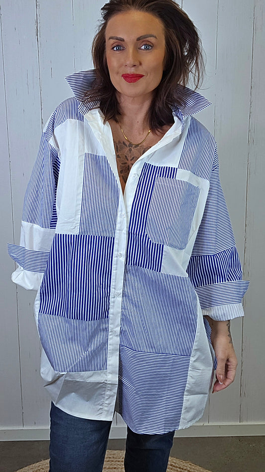 Blå/Hvit Patchwork Skjorte
