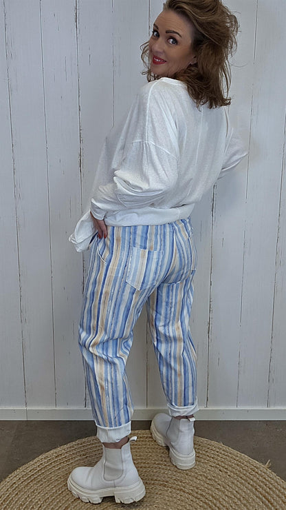 Gunnvor bukse blå/beige stripet