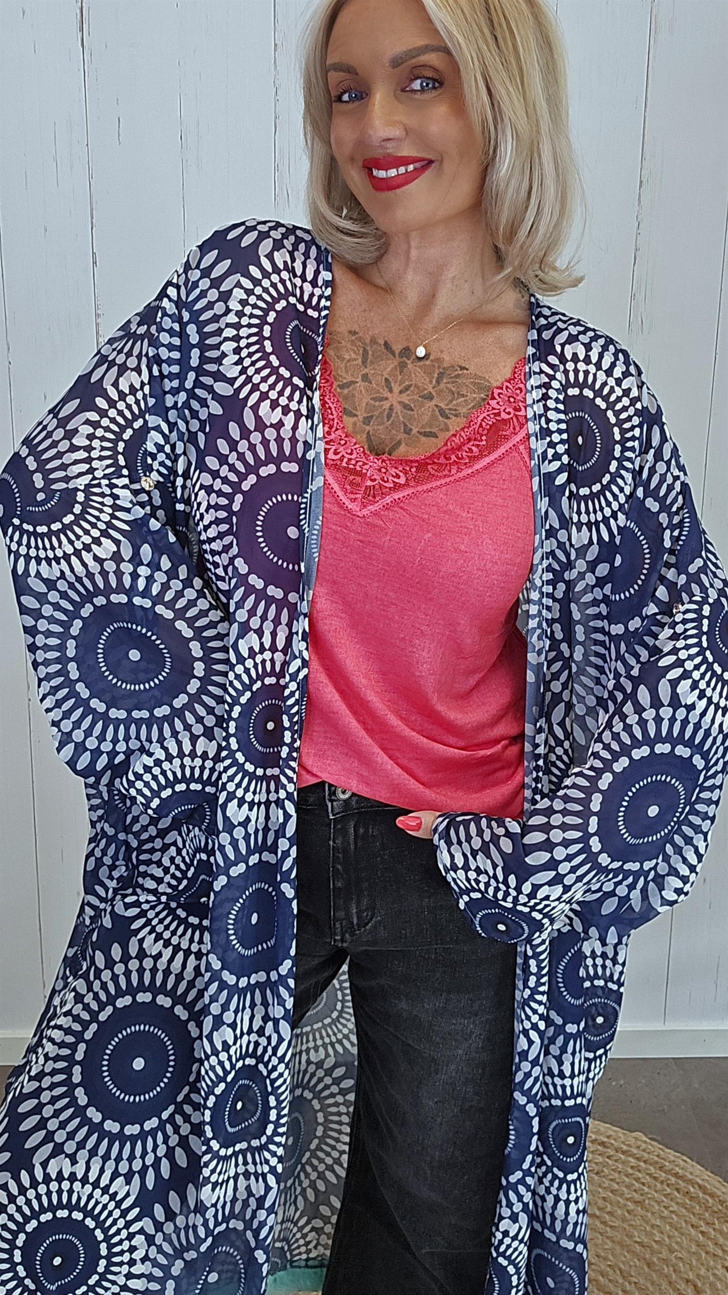 Lang kimono med print navy