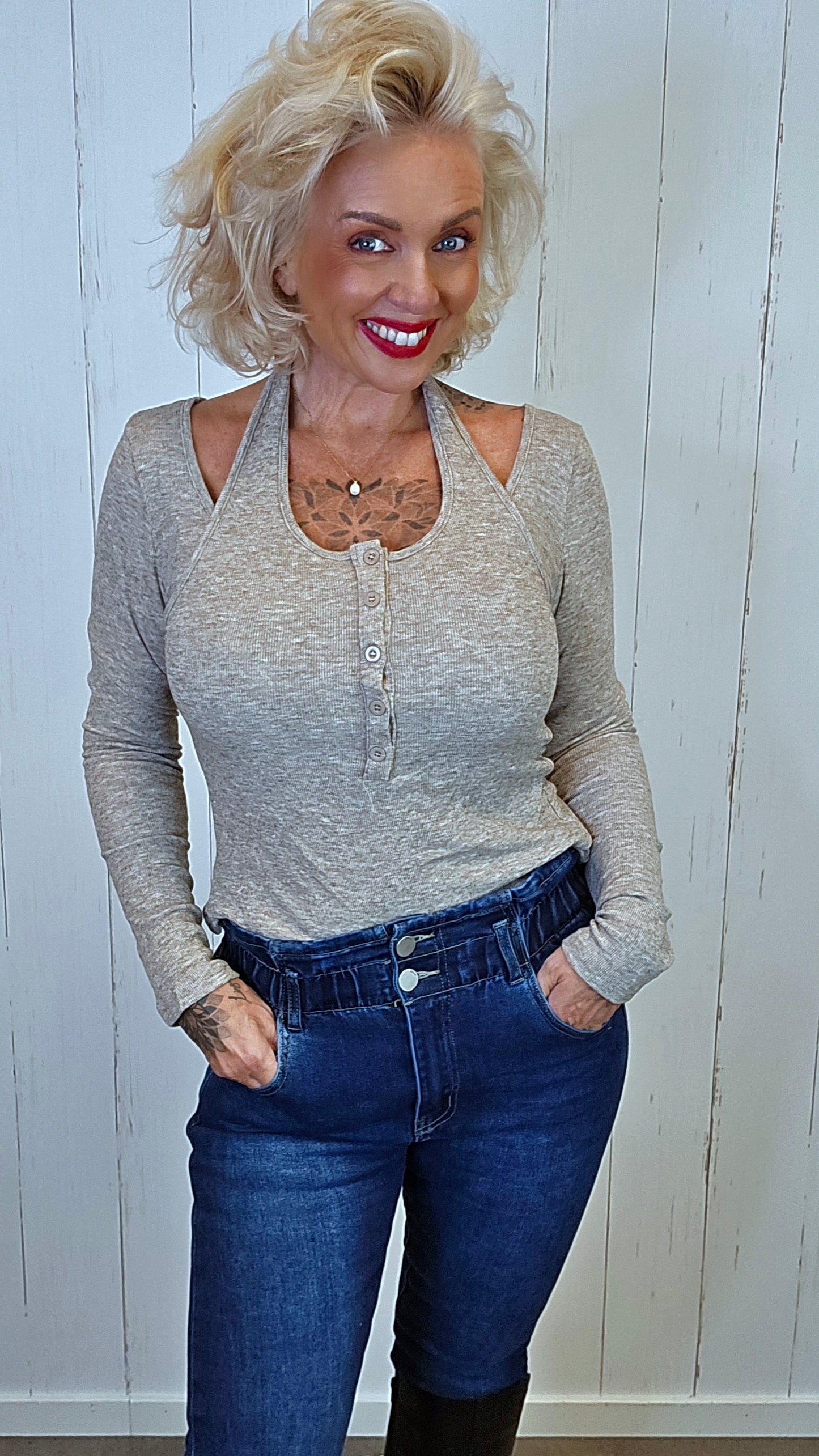 Jade ribbet lag-på-lag topp beige