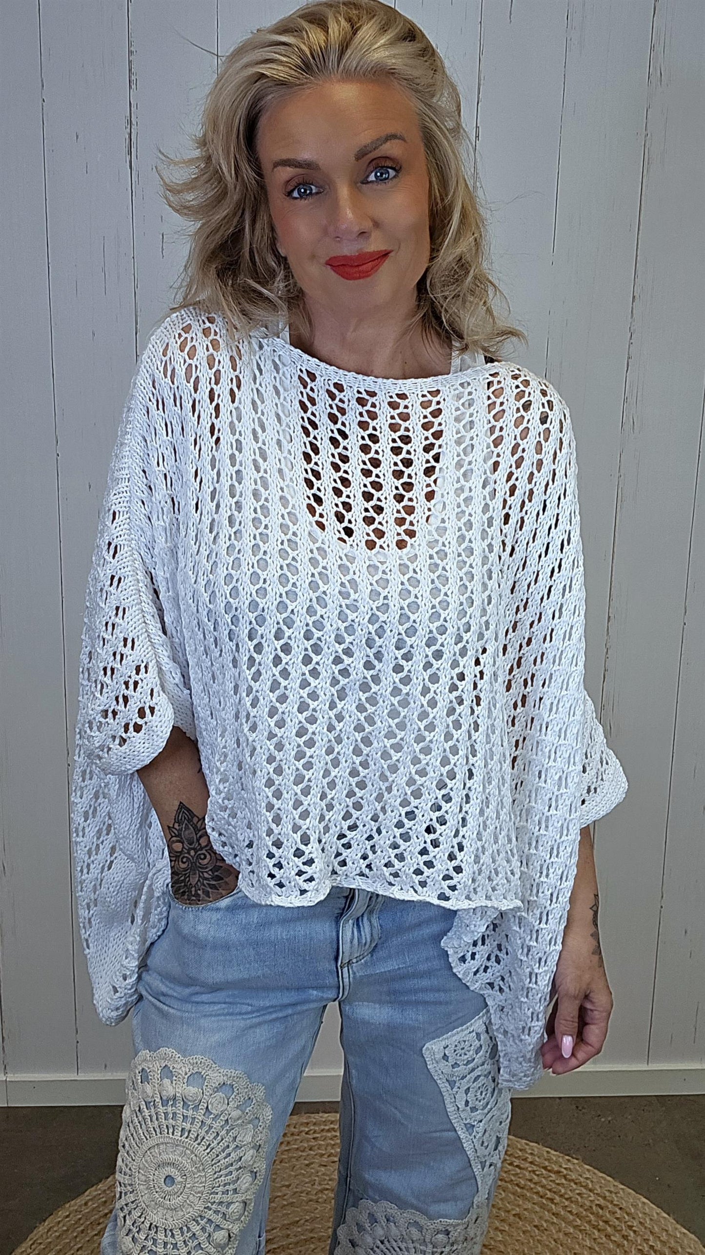 Eline Strikket Poncho Topp hvit