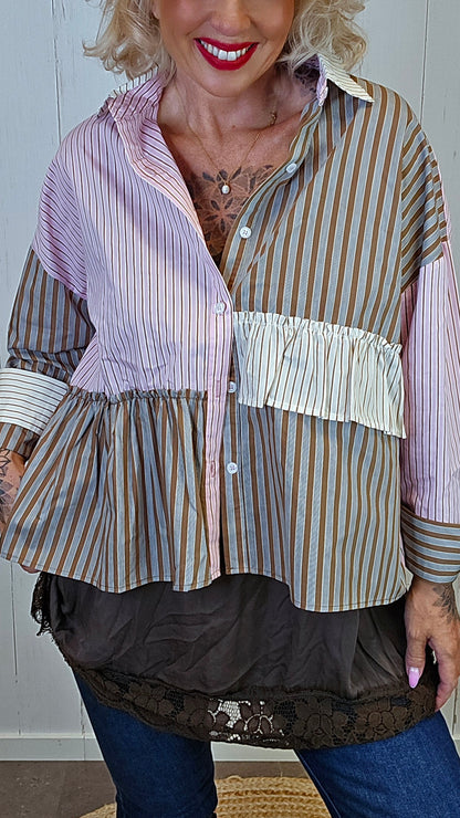 Hermine patchwork skjorte med striper rosa