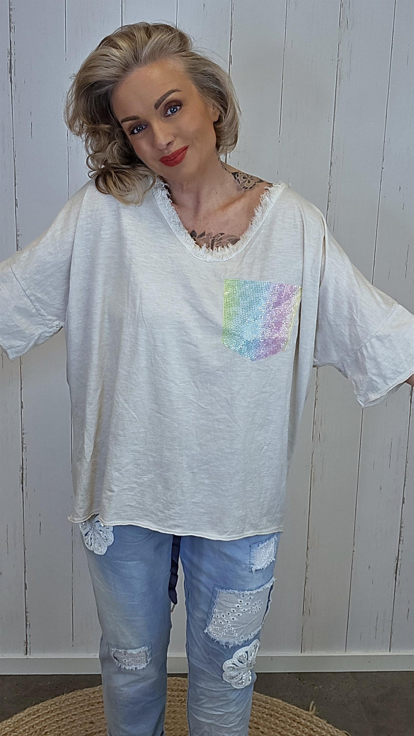 Carla shimmer topp beige