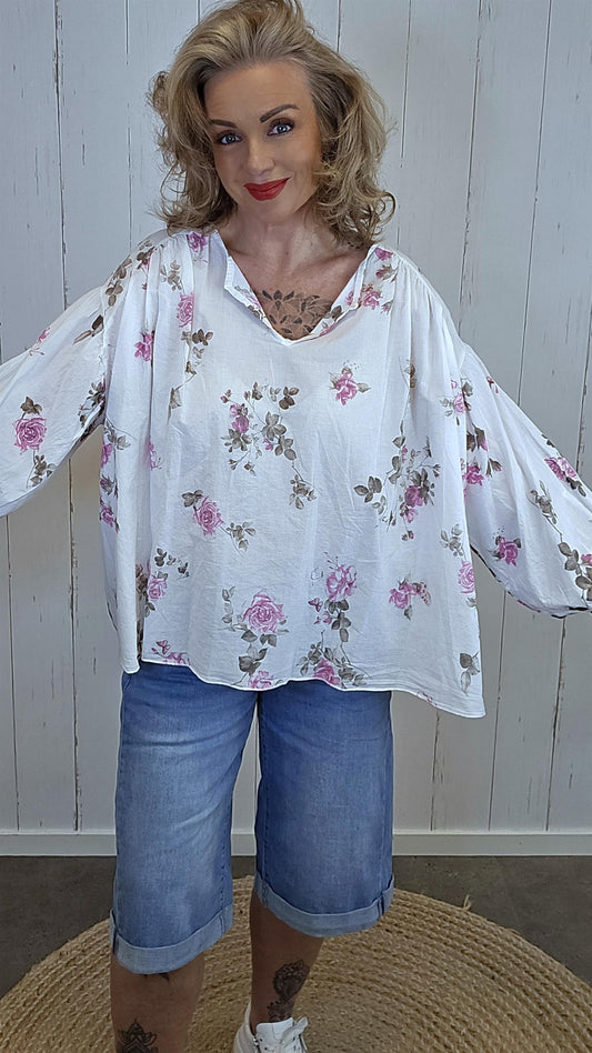 Rose bluse med blomsterprint