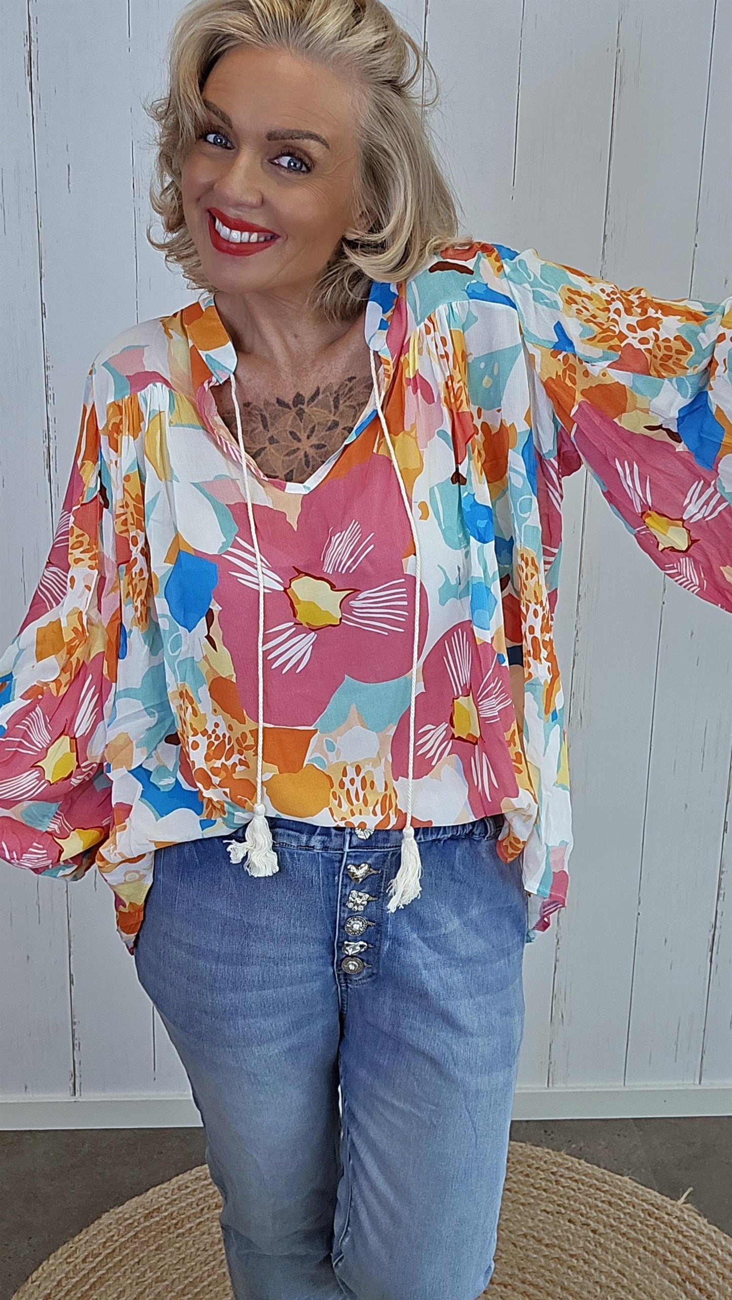 Janine bluse med print rosa