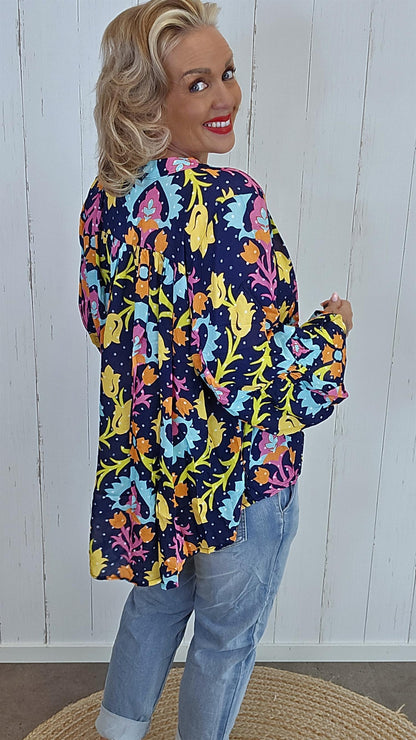 Rose bluse med print navy