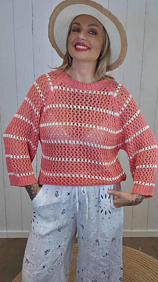 Luna strikkegenser med hullmønster korall