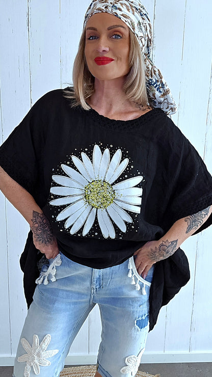 Lin Topp med Blomsterprint svart