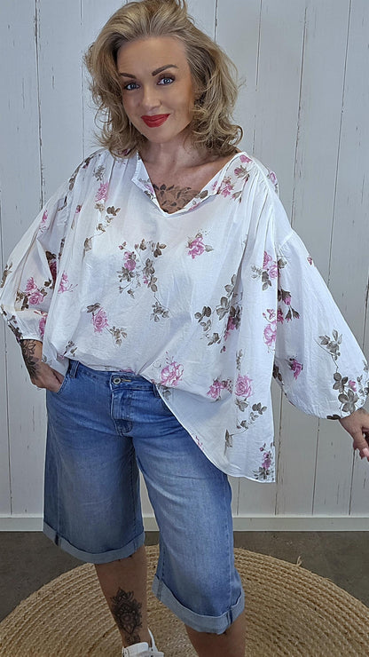 Rose bluse med blomsterprint