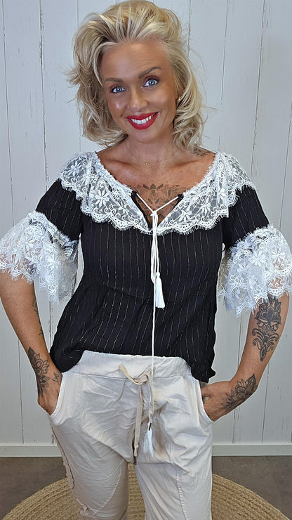 Bluse med blonder svart