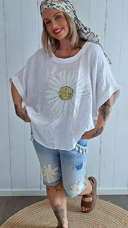 Lin Topp med Blomsterprint hvit
