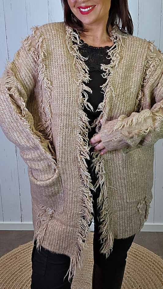 Leona beige frynse-cardigan