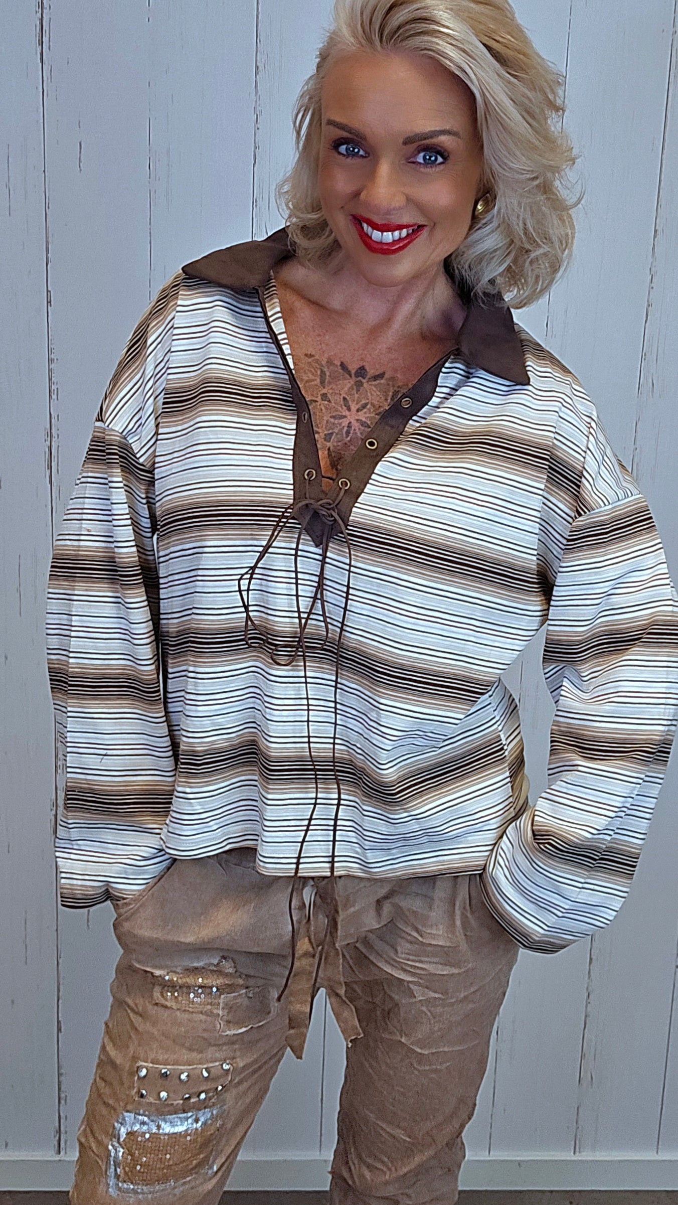 Tanja stripet topp brun
