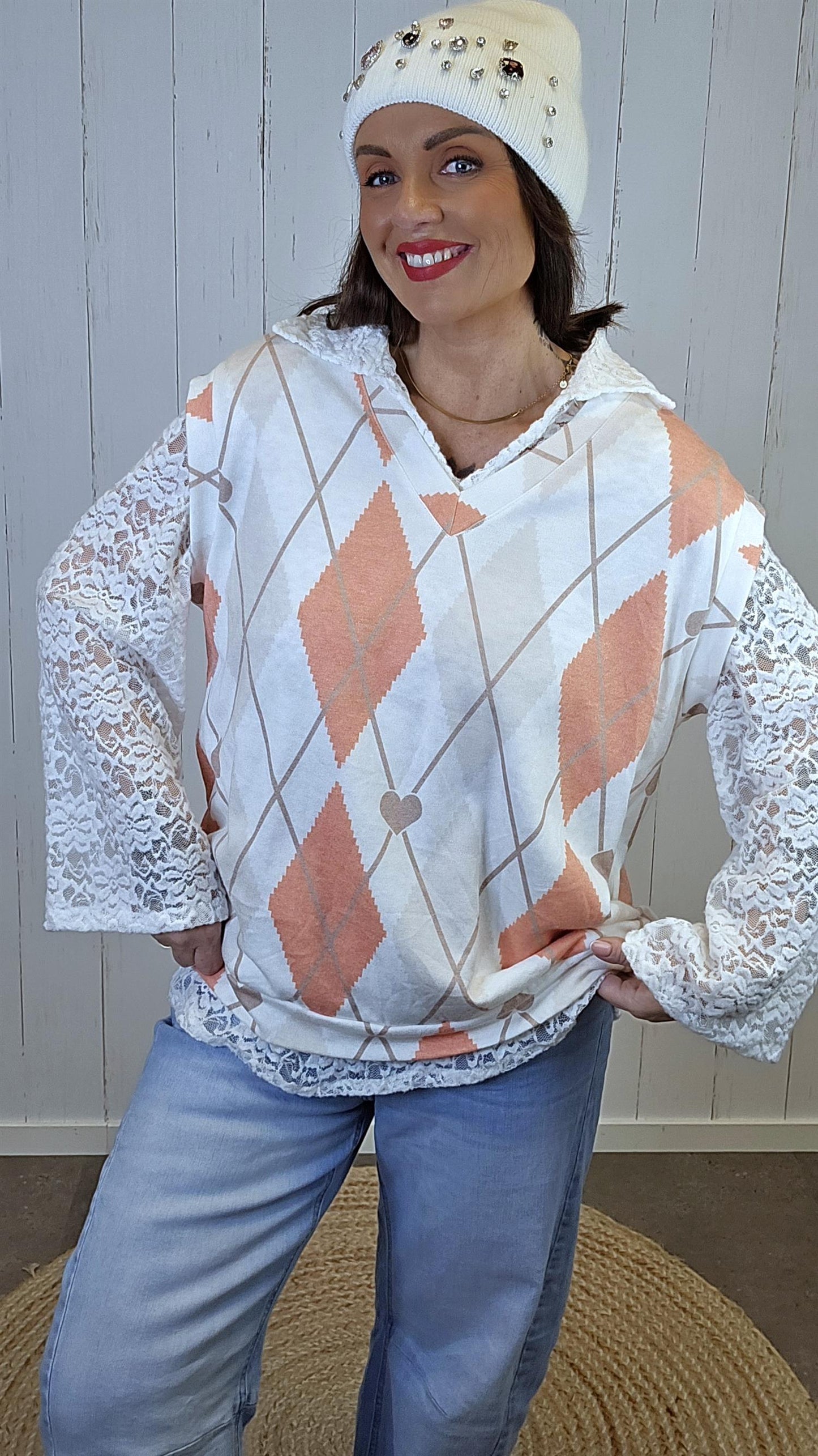 Argyle vest med blondetopp orange