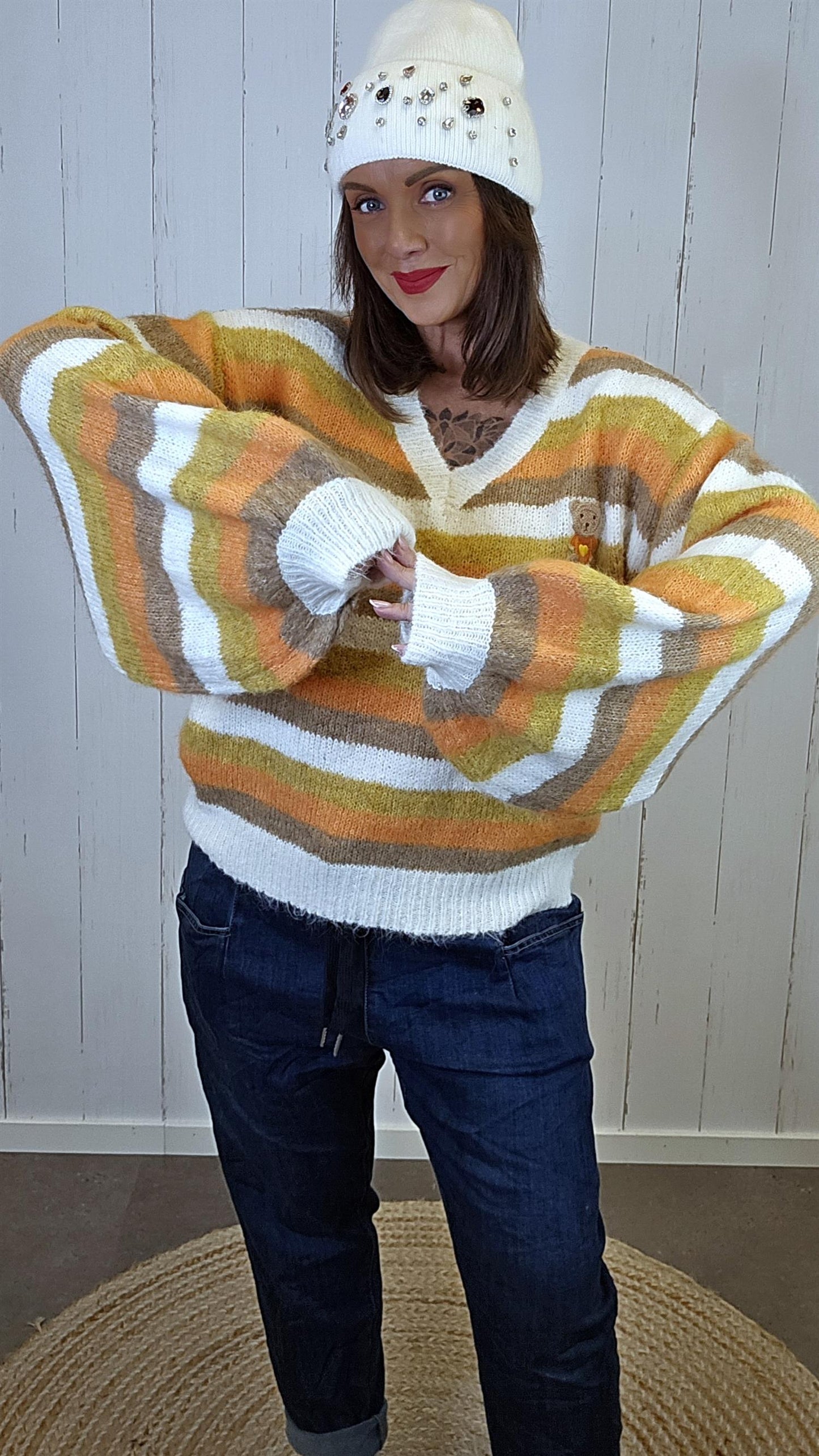 Stripet strikkegenser med teddy