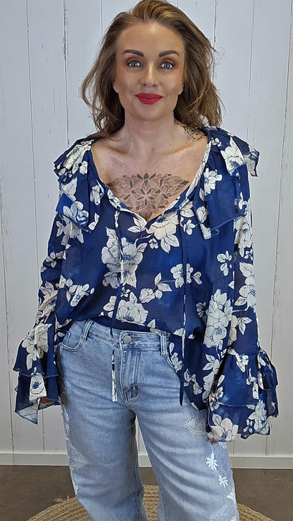 Alma blomsterbluse blå