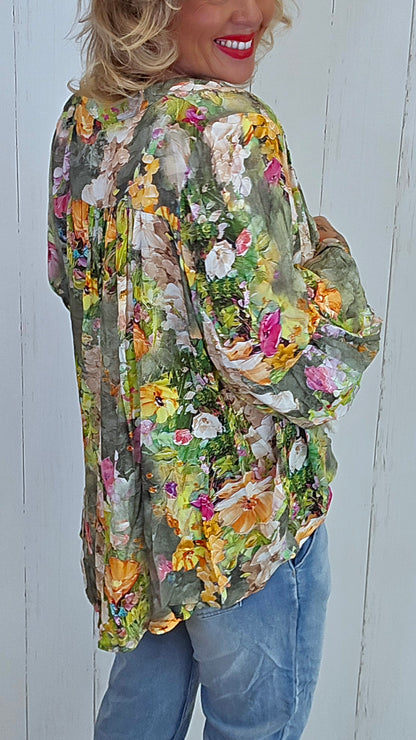 Nicole bluse med print kaki