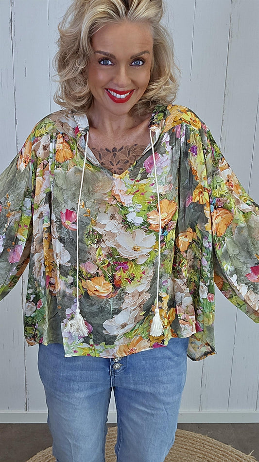 Nicole bluse med print kaki