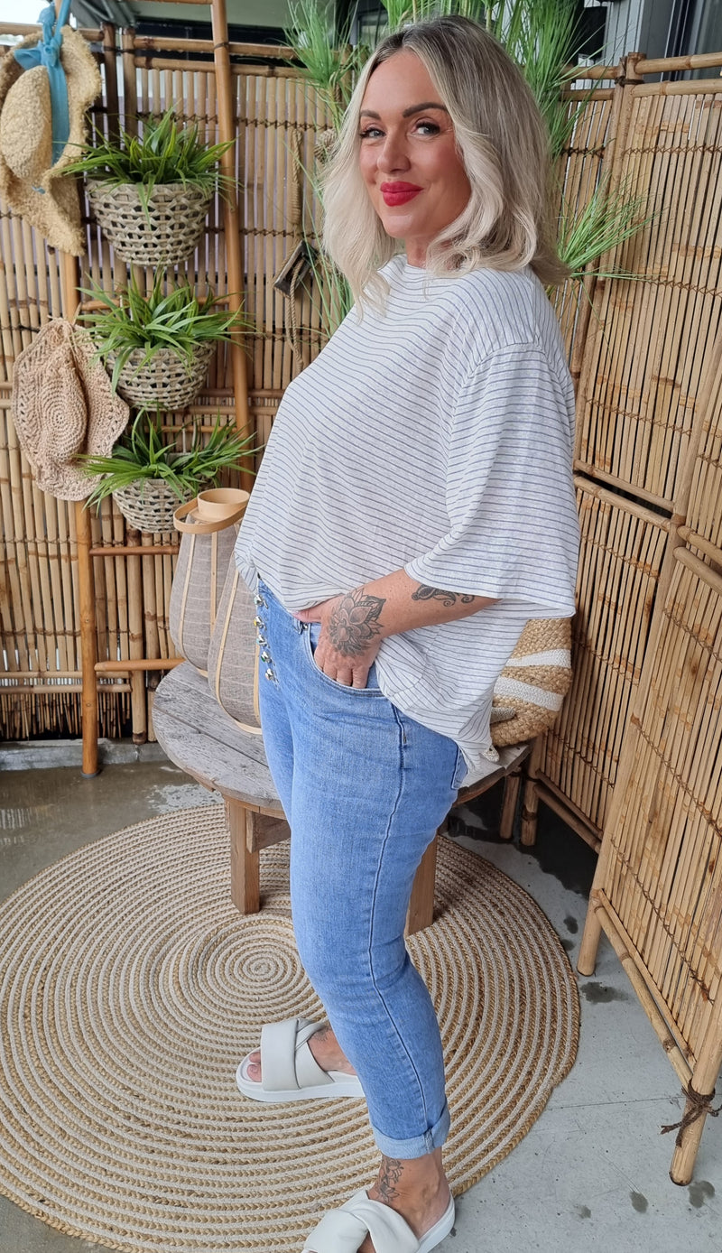 Baggy Linen Striped Top Blue