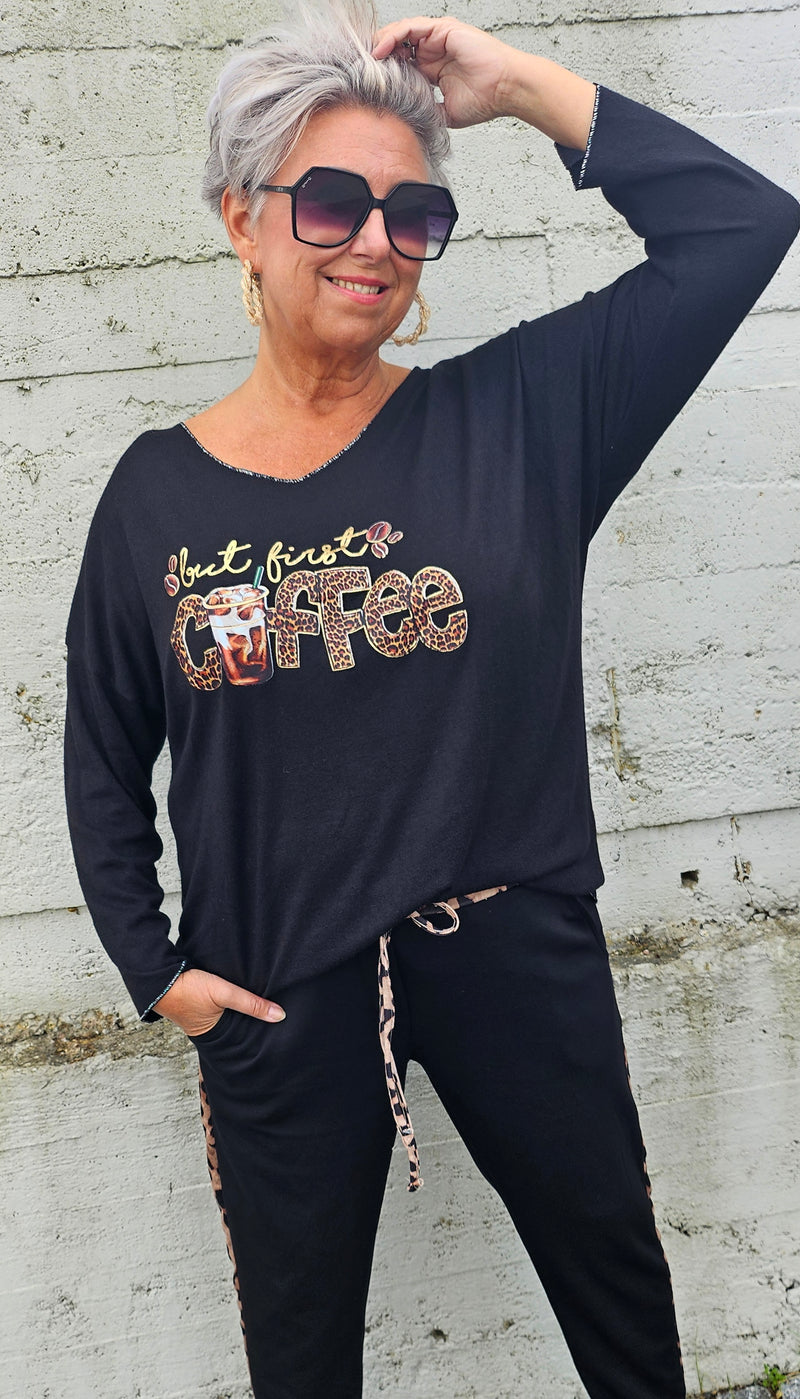 Coffee Leo Print Top Black