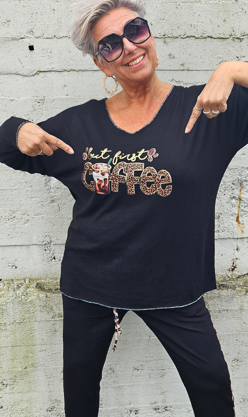 Coffee Leo Print Top Black