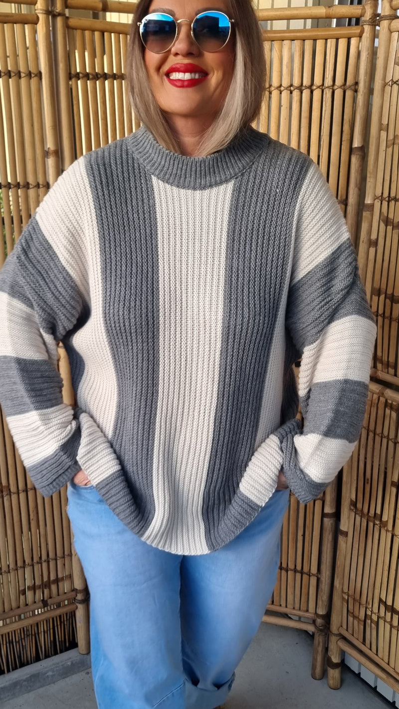 Striped Knitted Sweater Beige And Grey