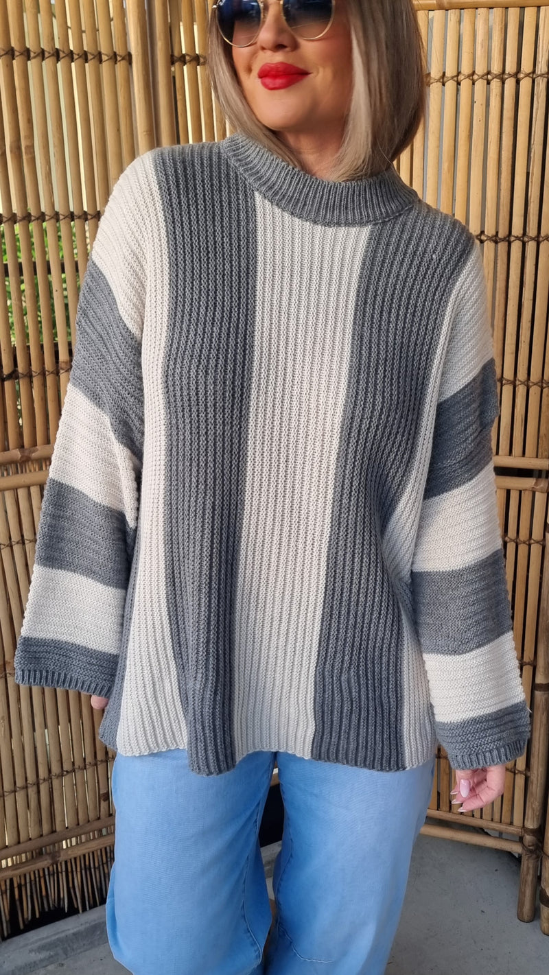 Striped Knitted Sweater Beige And Grey