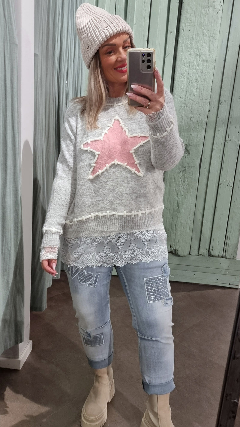 Pink Star Sweater Grey