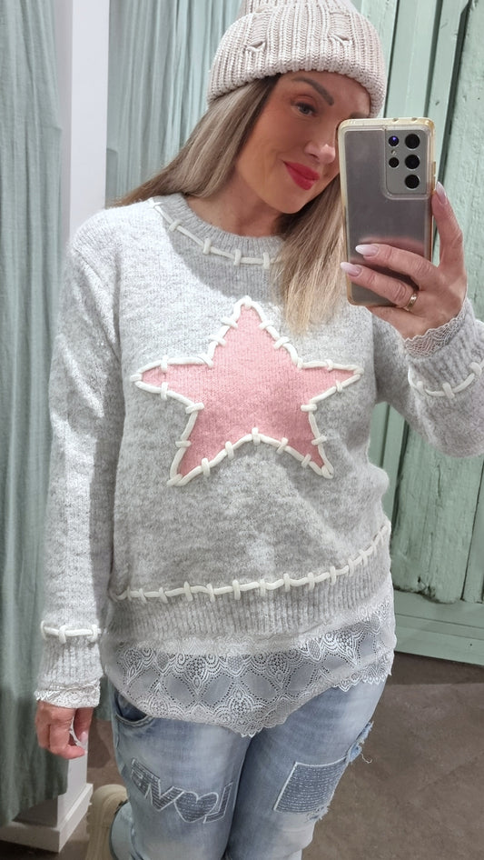 Pink Star Sweater Grey