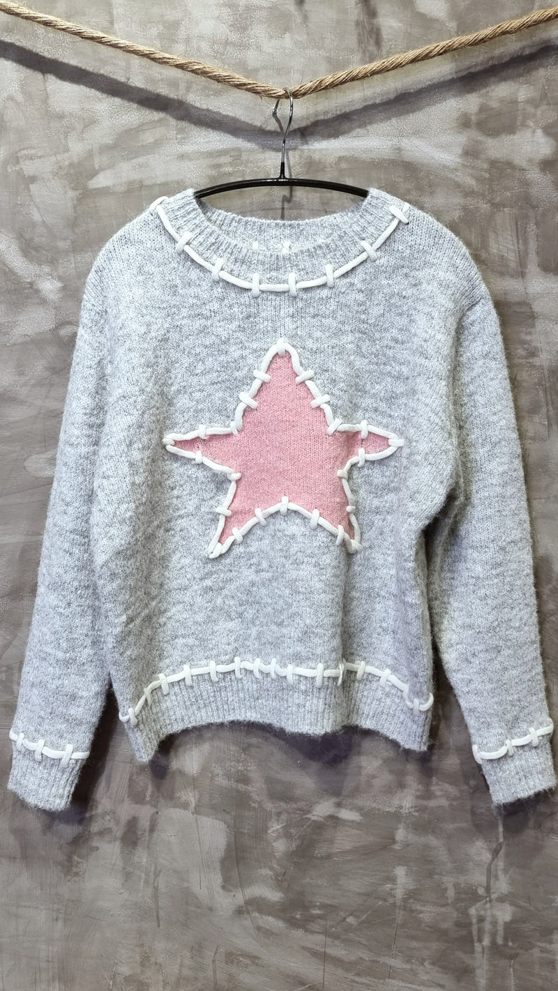 Pink Star Sweater Grey