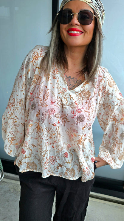 Bomulls bluse med natur motiv