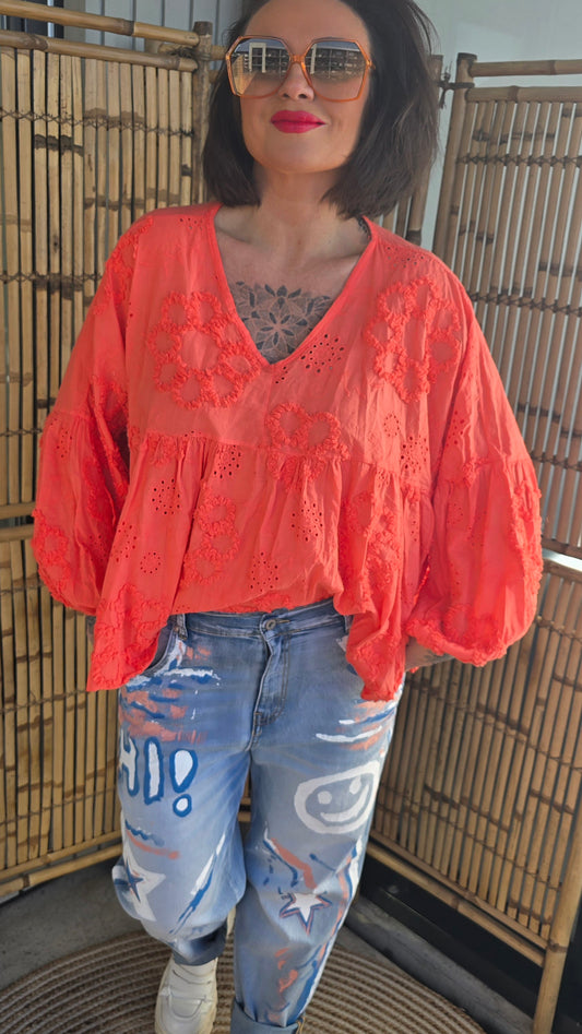 Celina bluse med blonder rødorange