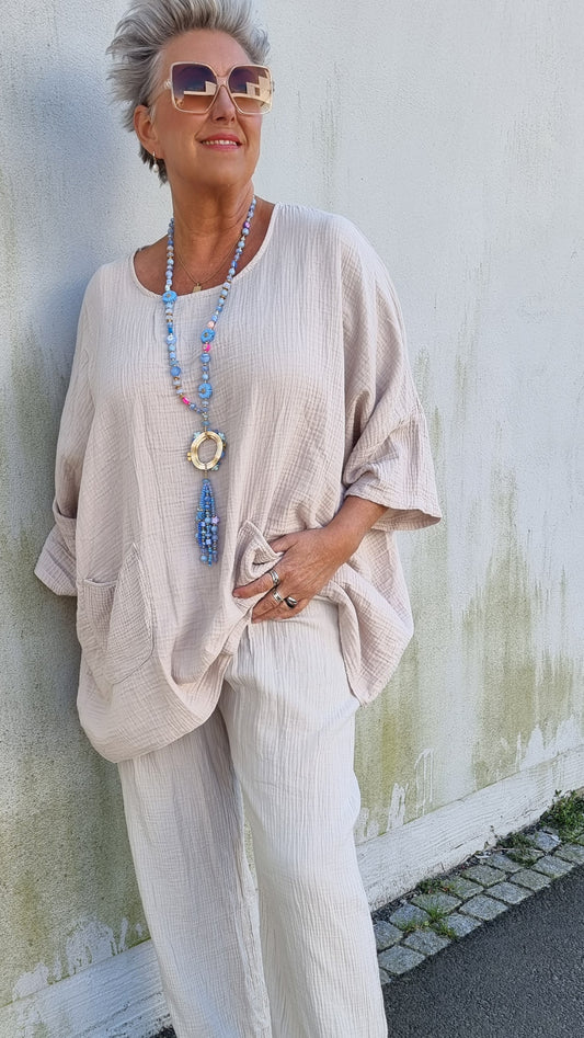 Ina vaffled topp med lommer beige