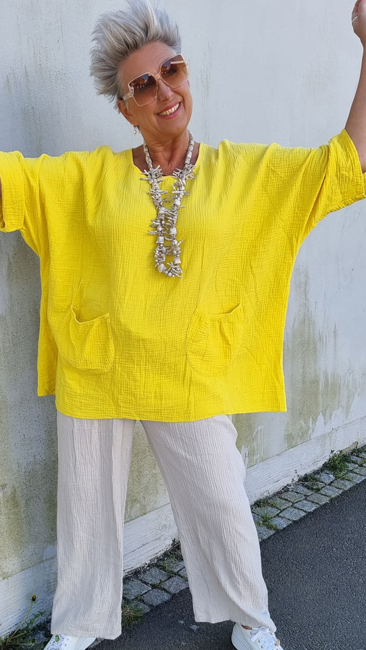 Ina vaffled topp med lommer gul