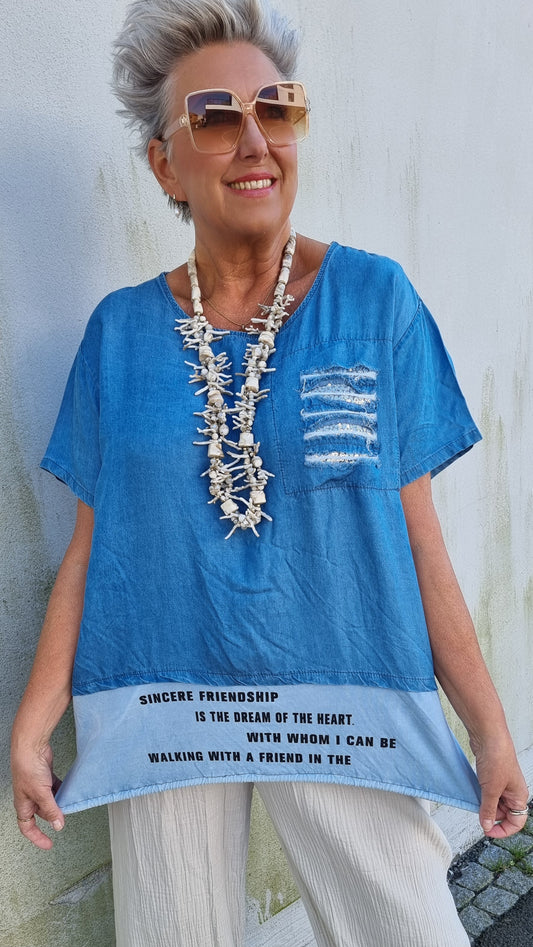 Sarah denim bluse med tekst