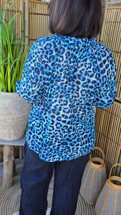 Hanna leo bomulls bluse blå