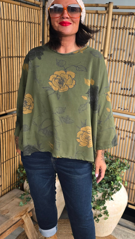 Hanna topp med blomster kaki