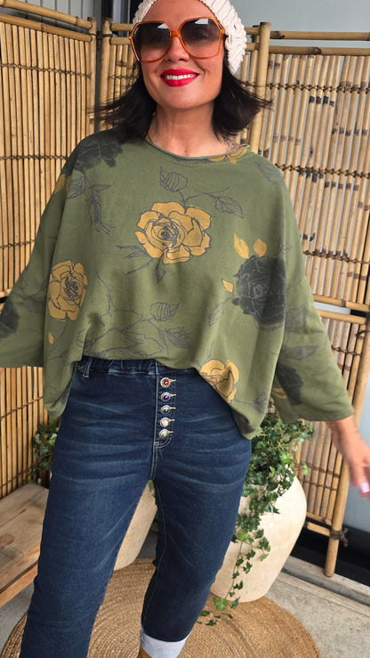 Hanna topp med blomster kaki