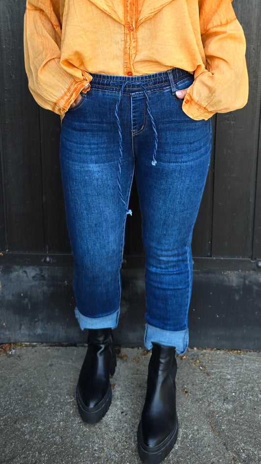 Thea jeans mørk blå med strikk