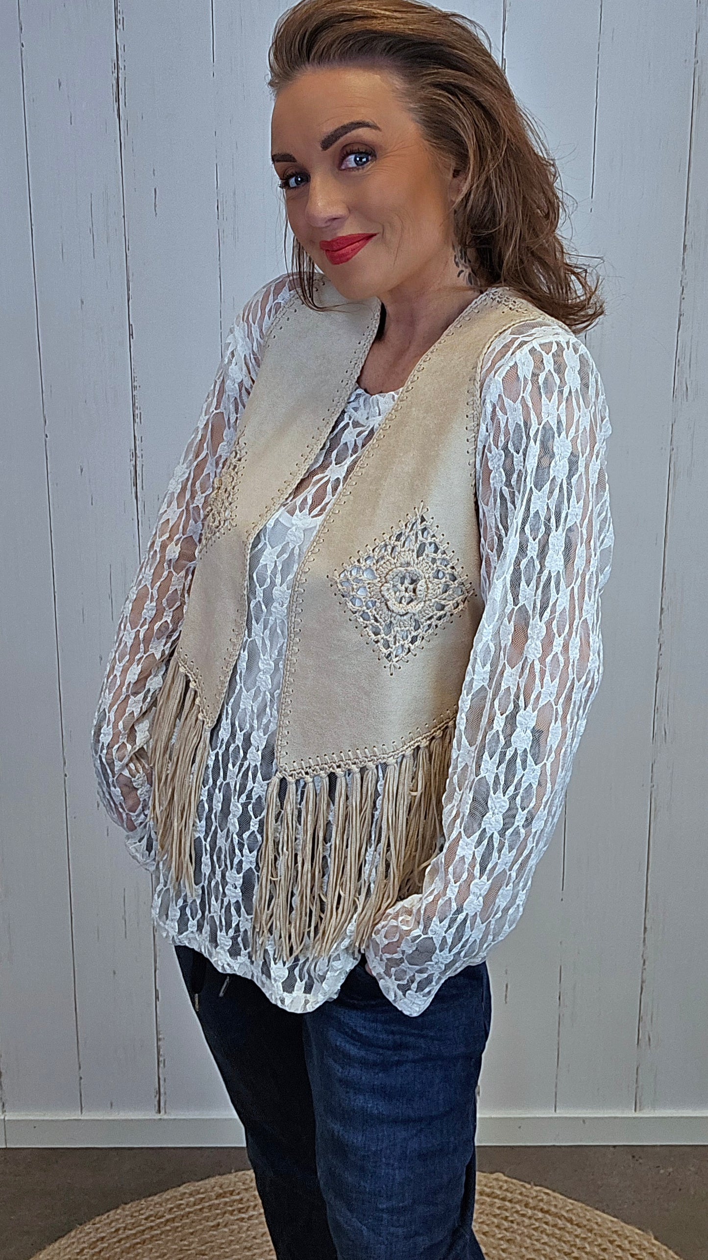 Birgit frynsevest beige