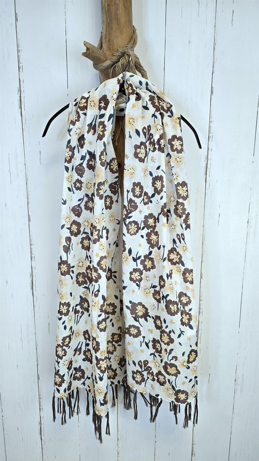 Brunt blomsterskjerf med frynser