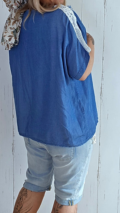 Danie denimlook Topp med Perledetaljer