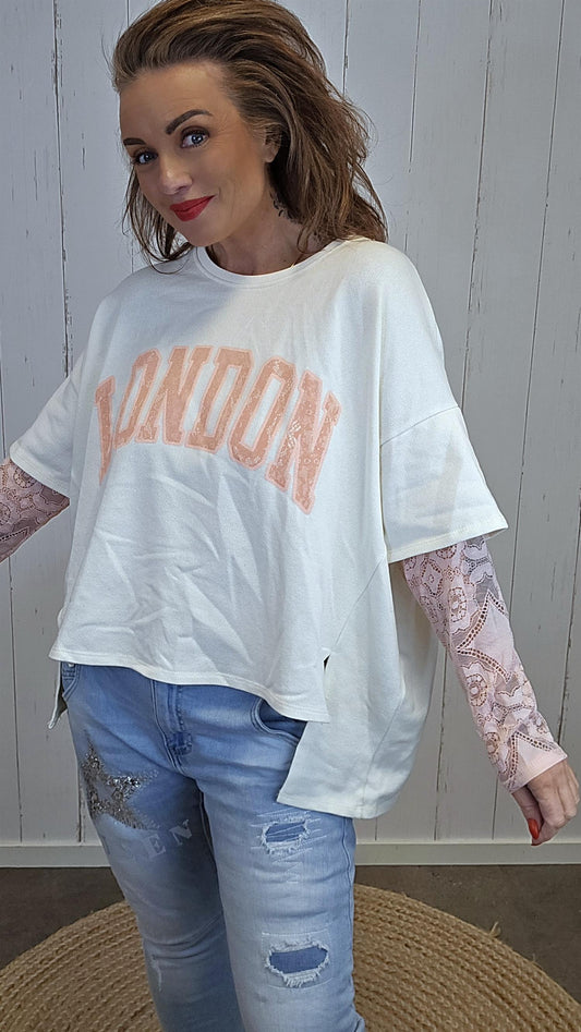 Birka oversized topp hvit/rosa