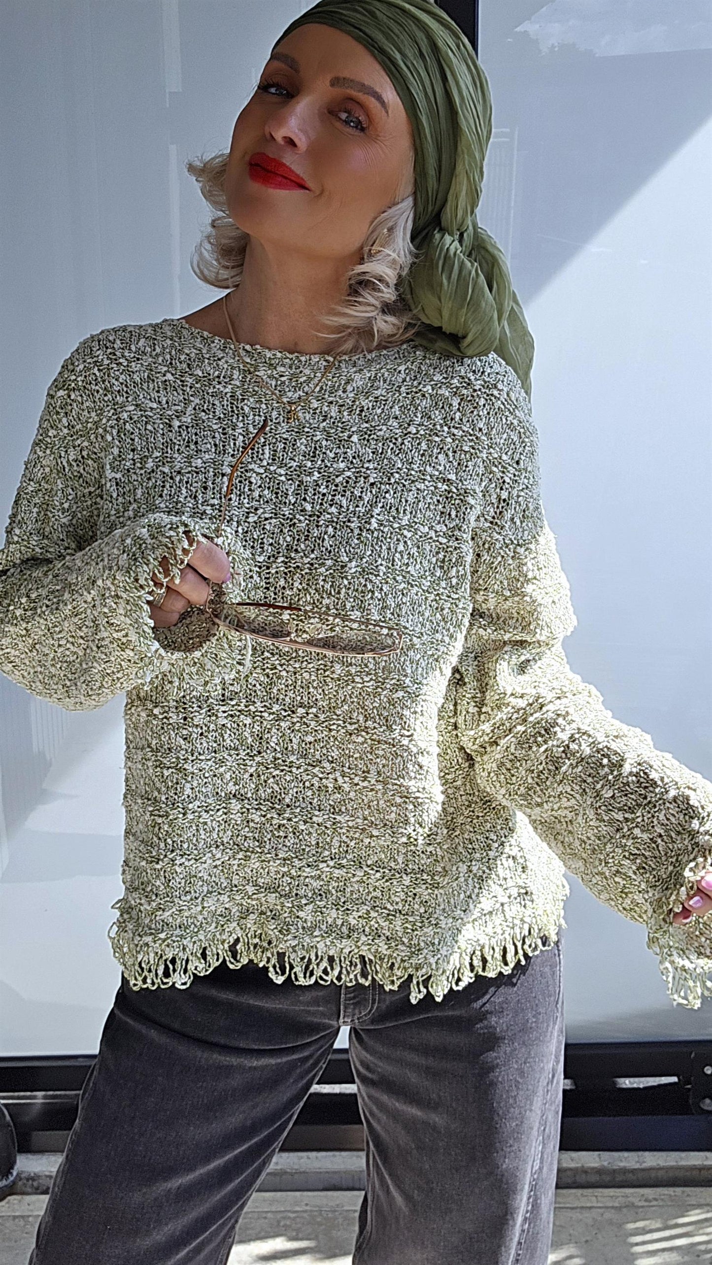 Jacquard cotton pullover green