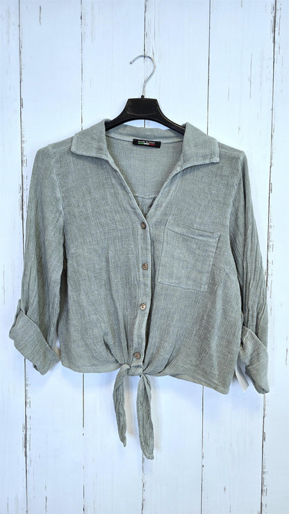 Hanna linskjorte med knyting kaki